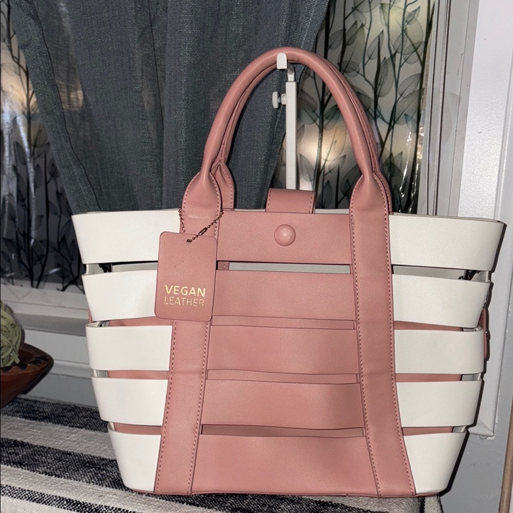Madison West Vegan Leather Pink and White Tote Bag (3pc)